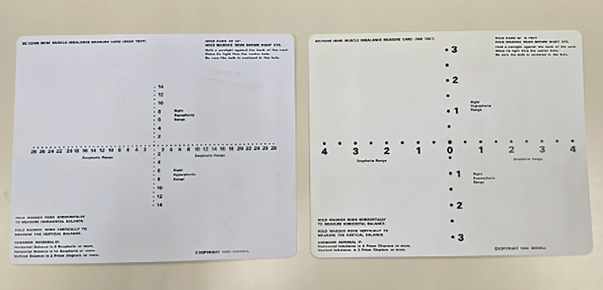 Fig. 1. Modified Thorington cards. On left, near card for use at 40cm. On right, distance card for use at 10 feet.