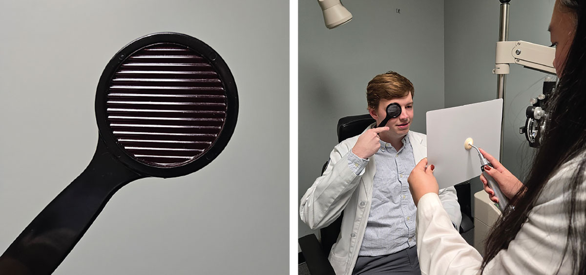 Fig. 2 (left). Maddox rod. With this orientation, a vertical line will appear to the patient, allowing testing of horizontal deviation. Fig. 3 (right). Set-up for testing with the Modified Thorington card.