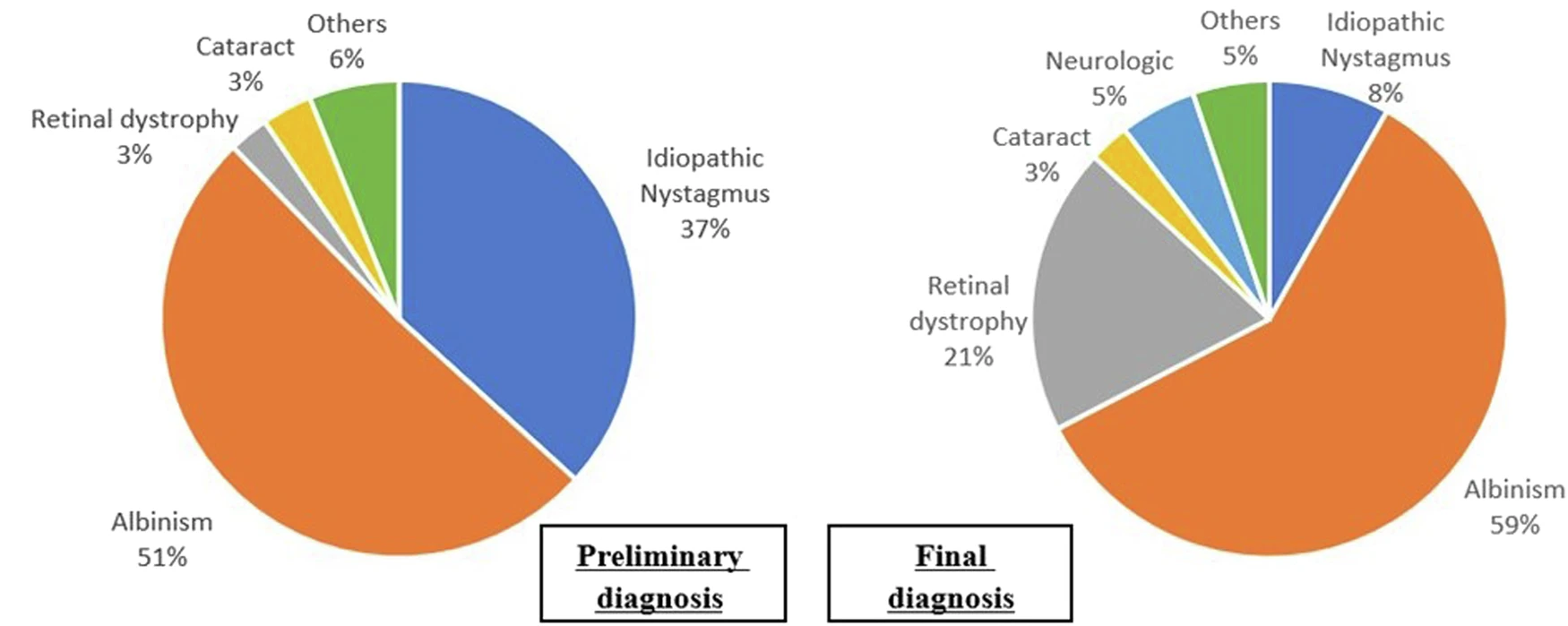 Retinal dystrophy, the second most common cause of nystagmus in this study, was more difficult to identify in the child’s first six months of life due to the immaturity of the developing retina.